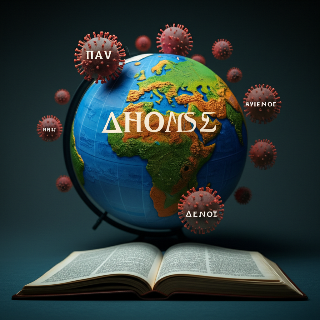巨型病毒環繞地球,古希臘文字Pan和Demos浮現,前景為一本打開的醫學詞典