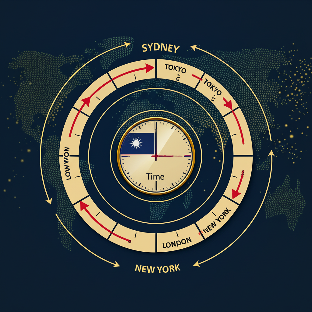 世界時鐘顯示悉尼、東京、倫敦、紐約等時區,箭頭表示連續流動,中央有台灣時間的小時鐘