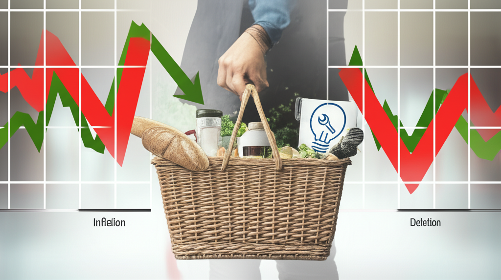 購物籃子內含各種商品與服務,周圍有向上與向下箭頭代表價格變動,一人手持籃子觀看背景通貨膨脹與通貨緊縮圖表