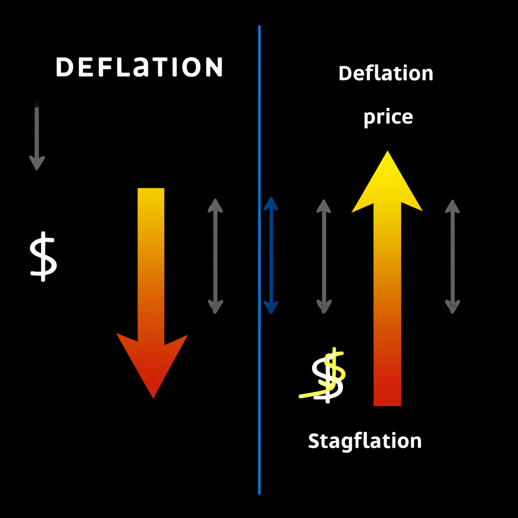 通縮定義插圖,顯示向下價格箭頭與貨幣購買力向上箭頭,對比通脹與停滯性通脹