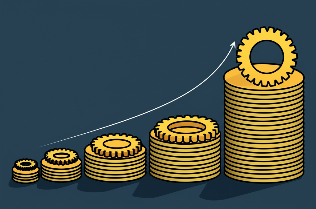 金融槓桿加速器圖:小額投資轉化為大型資產,齒輪與箭頭顯示成長過程