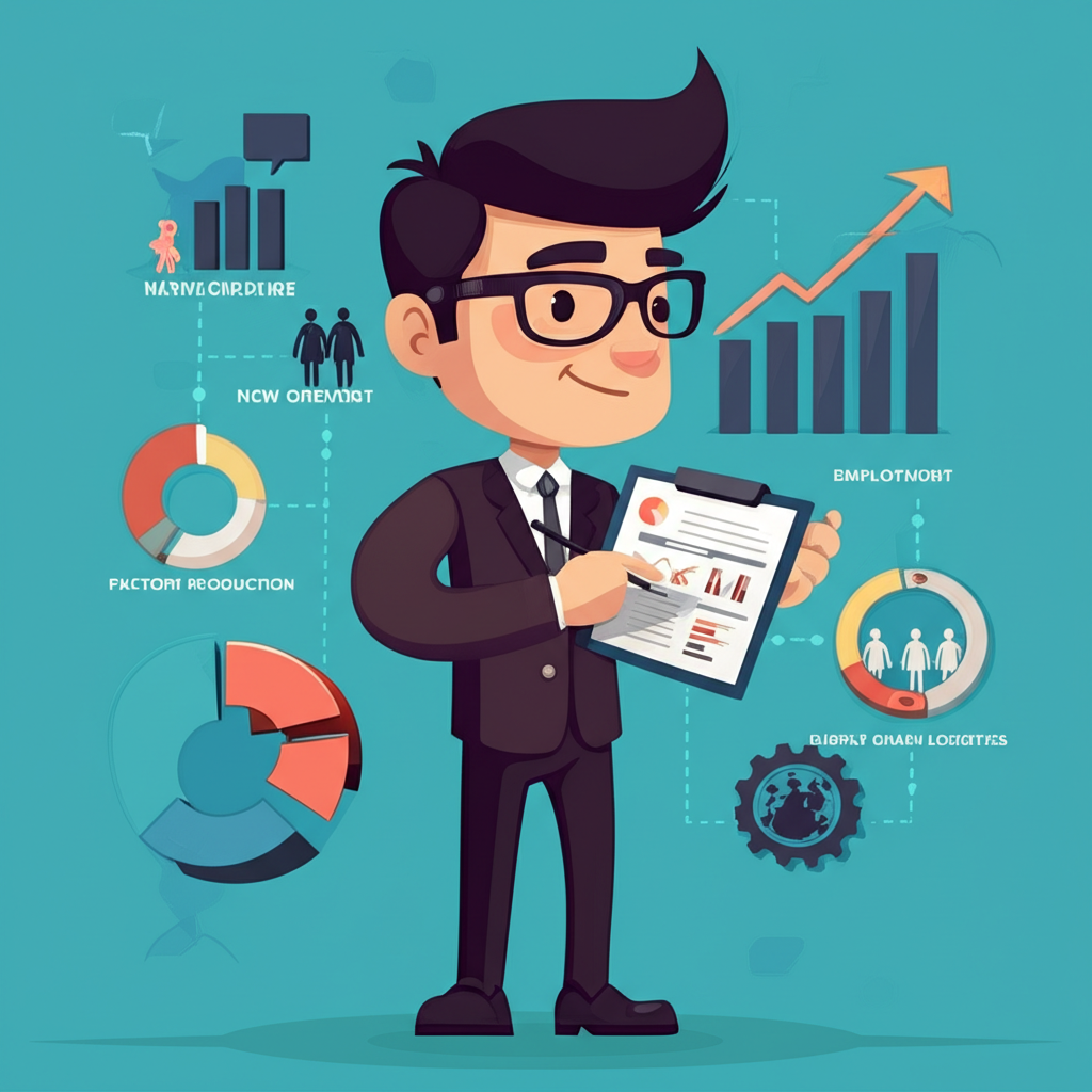 採購經理人手持夾板調查新訂單、工廠生產、僱用和供應鏈物流等元素,代表採購經理人指數的插圖