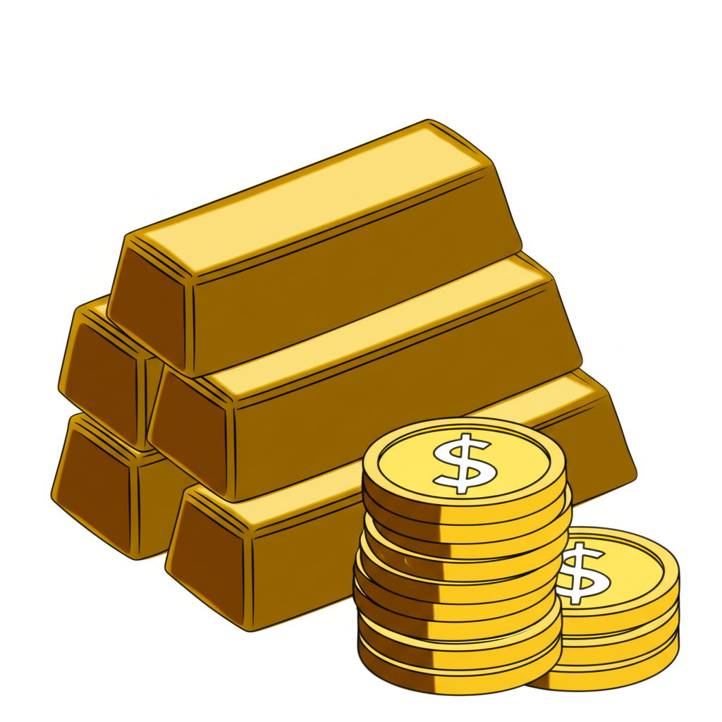黃金條和金幣堆疊,象徵財富儲存與避險資產,融入古代權力與繁榮符號