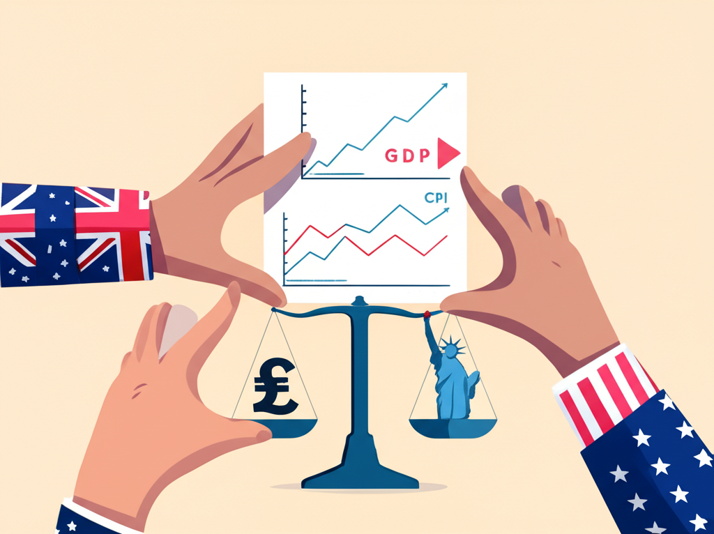 英國與美國巨手舉起GDP和CPI等經濟數據圖表，影響貨幣秤的插圖