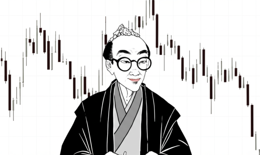 18世紀日本米商本間宗久觀察米價並使用早期K線圖的歷史插圖