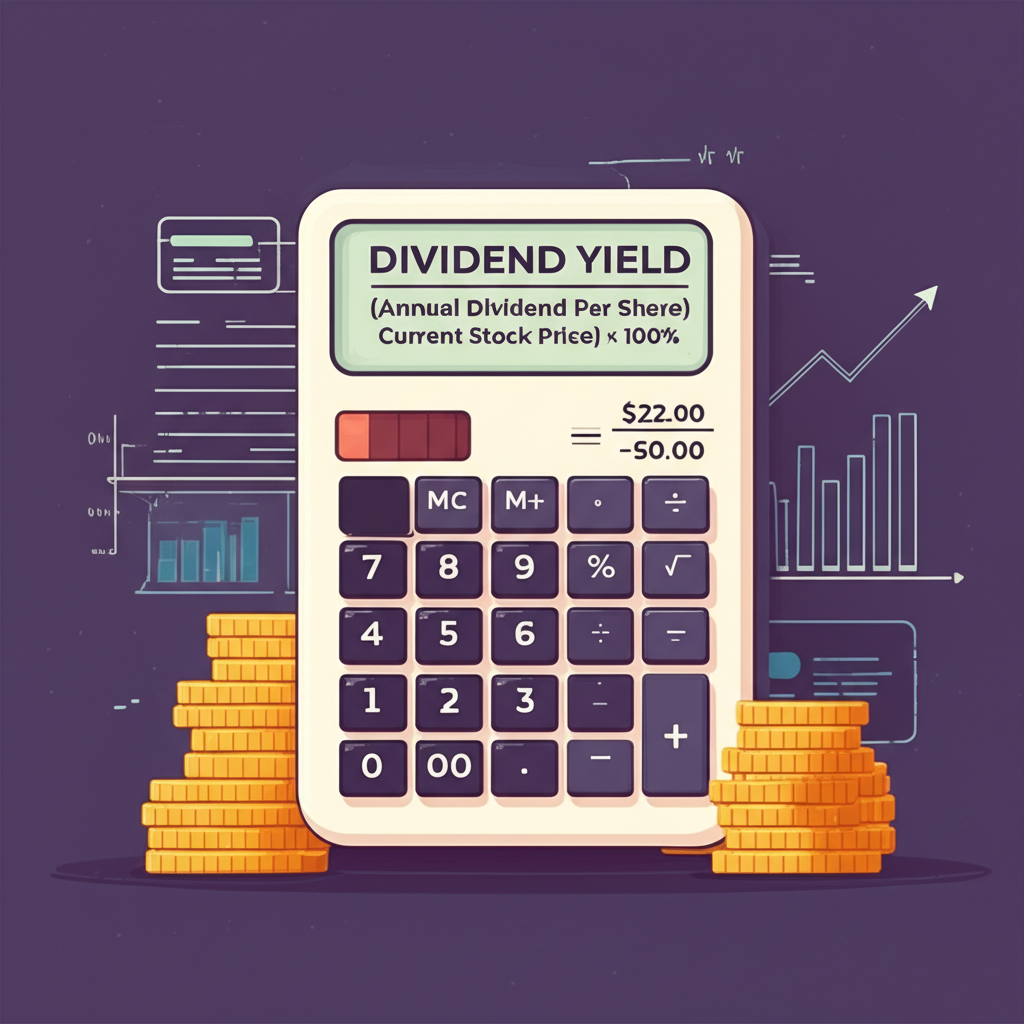 計算機顯示殖利率公式,包含股價與每股股利的數字,周圍環繞財務圖表與硬幣