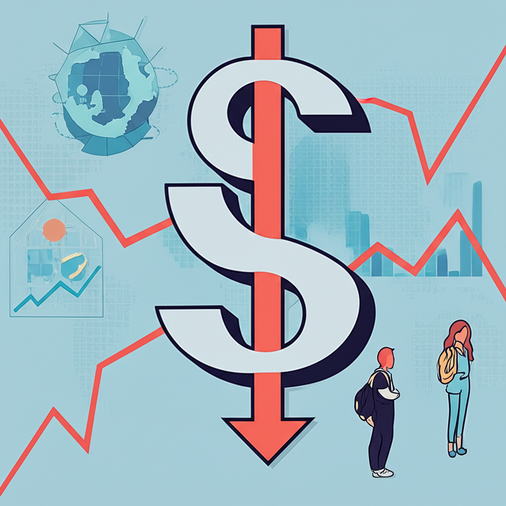 澳幣匯率波動圖示,環繞全球經濟符號如世界地圖、股票圖表和背包學生,代表投資者、留學生與企業的動態影響