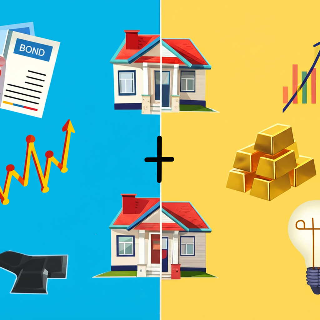 金融資產如股票債券與非金融資產如不動產黃金的區分示意圖