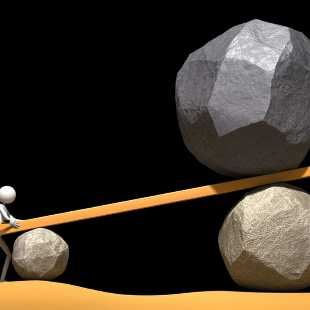 槓桿原理示意圖:小人使用大型槓桿抬起巨物,象徵以小博大的概念