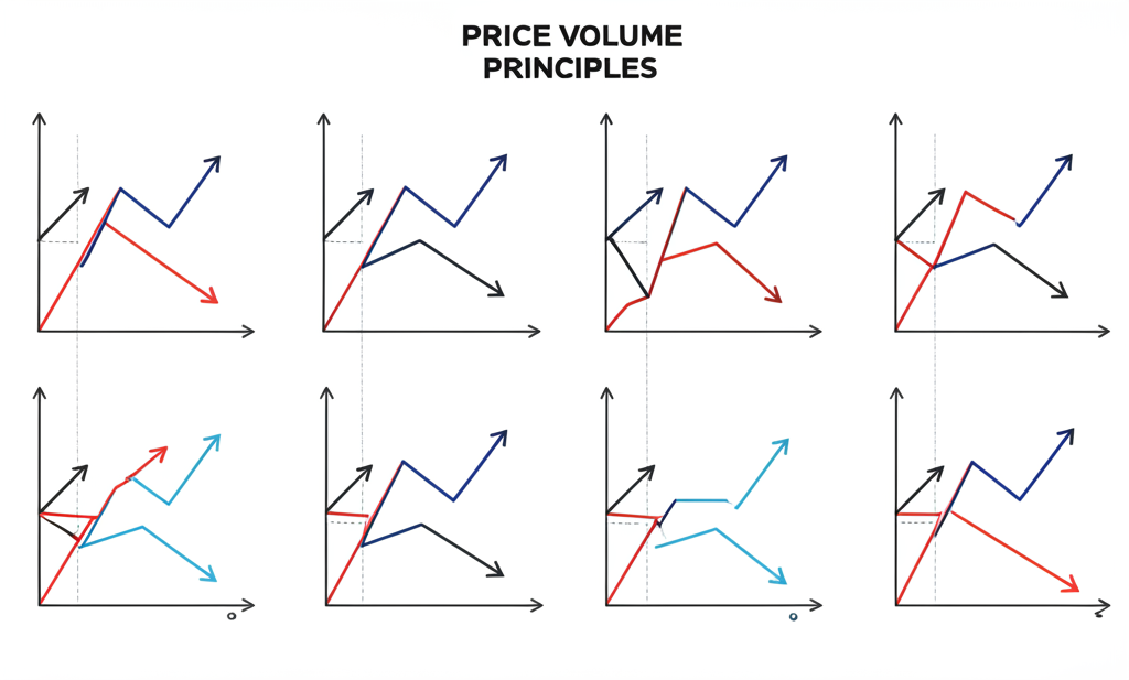 八大量價原則插圖,每個小圖表顯示不同量價組合如量增價漲的趨勢箭頭