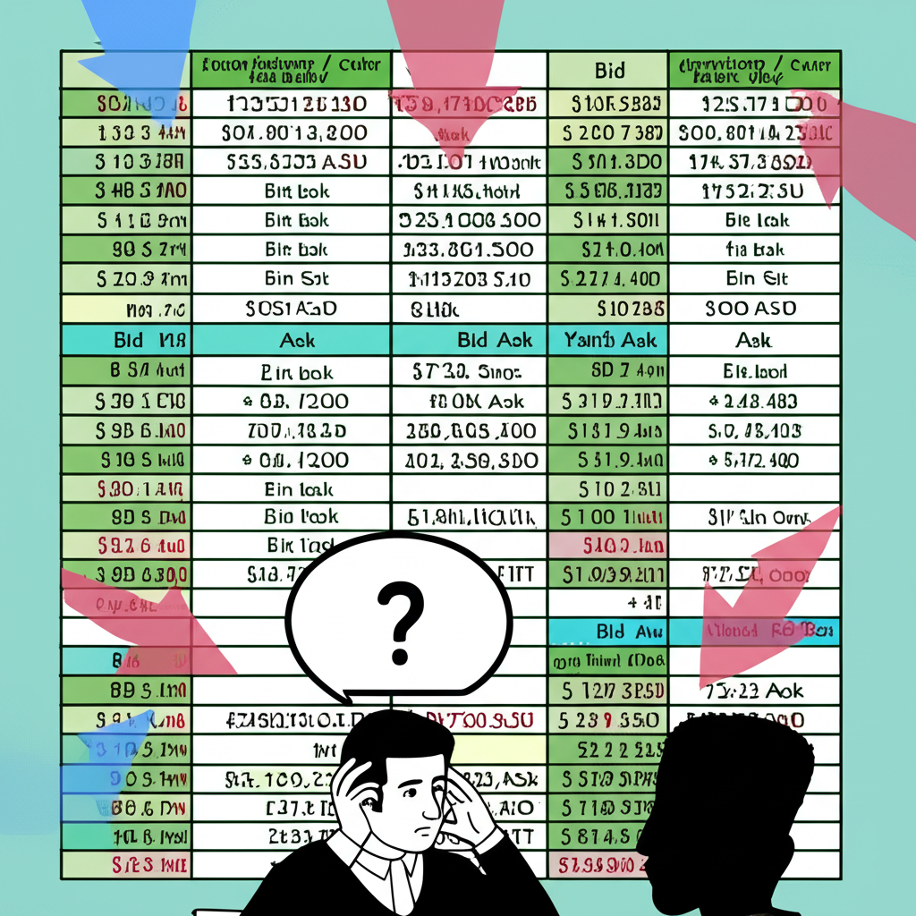 人困惑觀看複雜銀行匯率表插圖