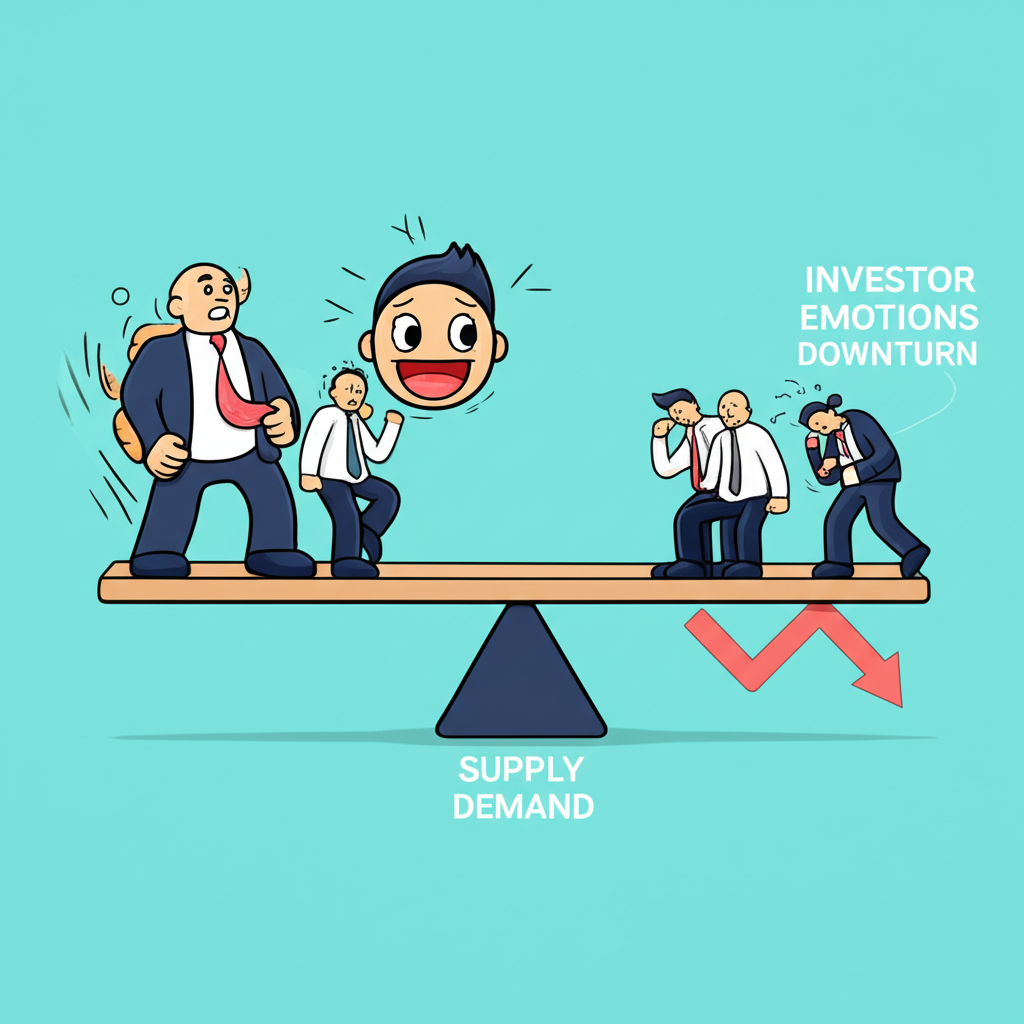 An illustration depicting the impact of market sentiment on investment portfolios a seesaw with supply and demand influenced by investor emotions leading to either a bubble or a downturn with people reacting to market shifts