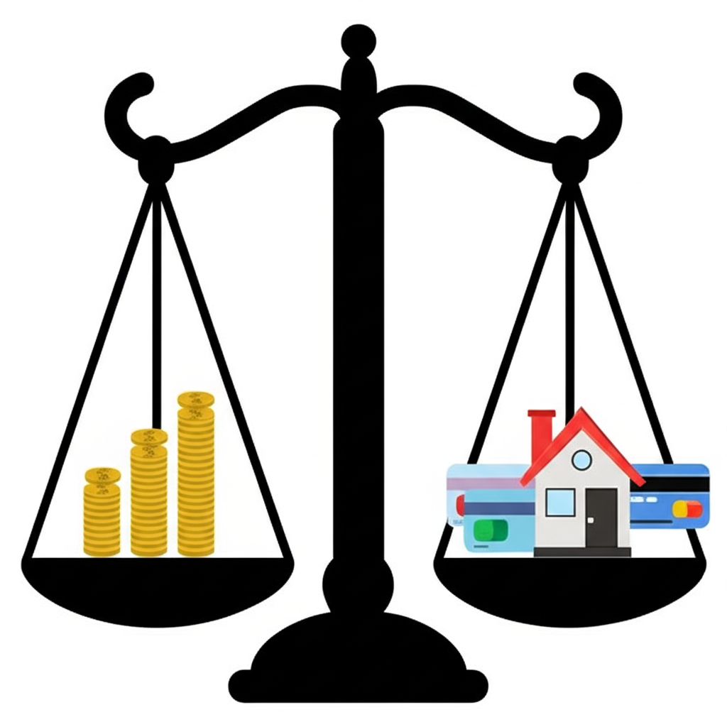 平衡秤顯示資產與負債,象徵淨值公式,包含現金、房產與債務圖示