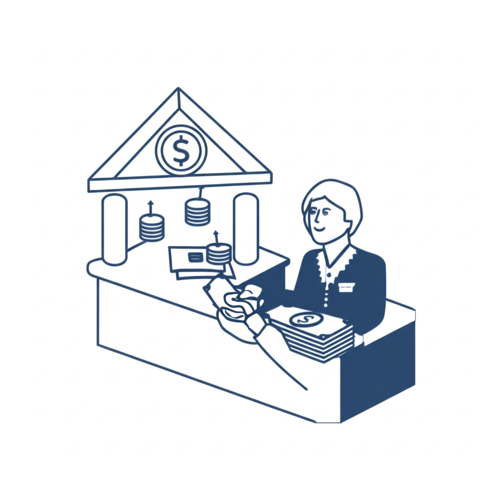 銀行出納員與客戶交換貨幣插圖