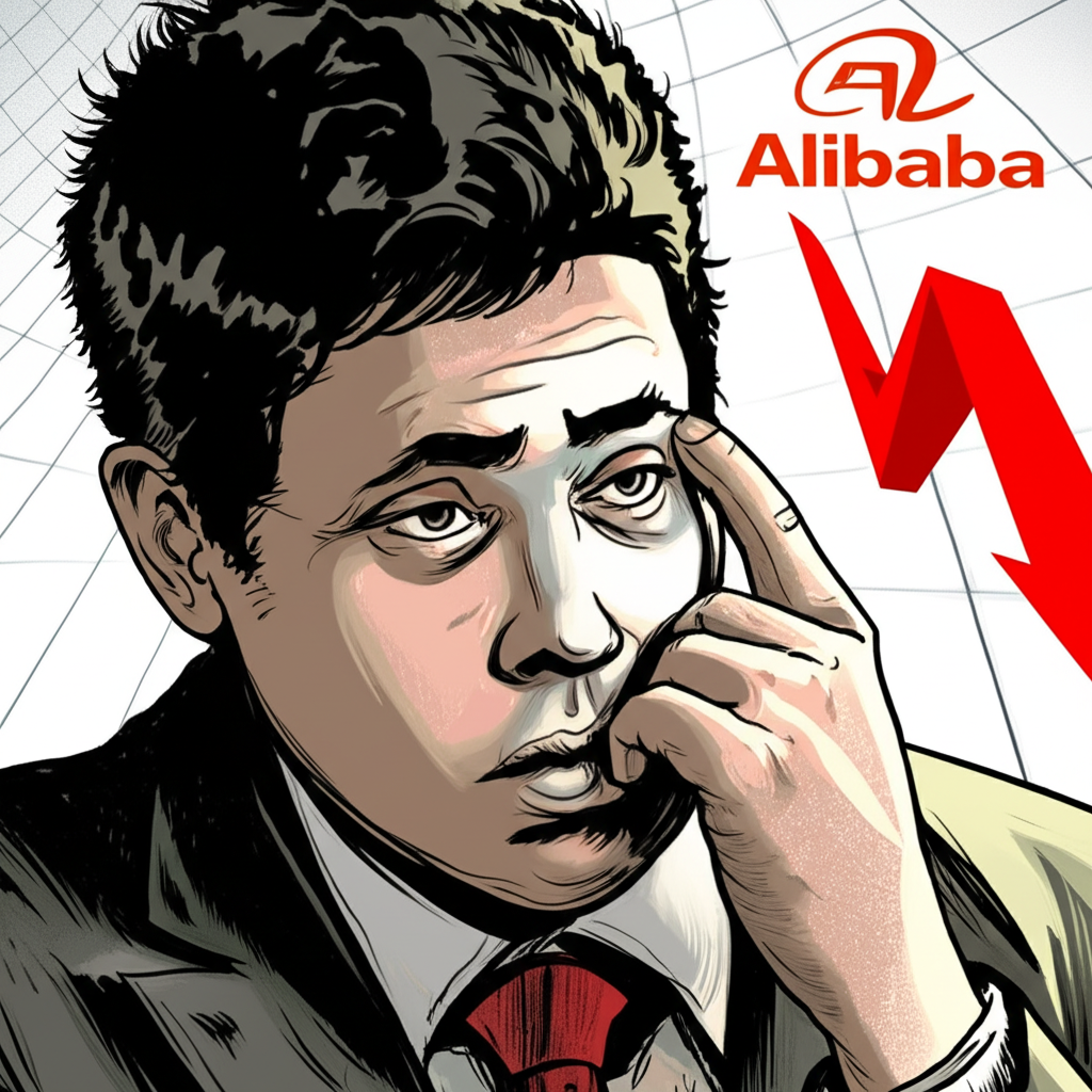 擔憂的投資者注視著下滑的阿里巴巴股價圖表,象徵市場波動與投資不確定性