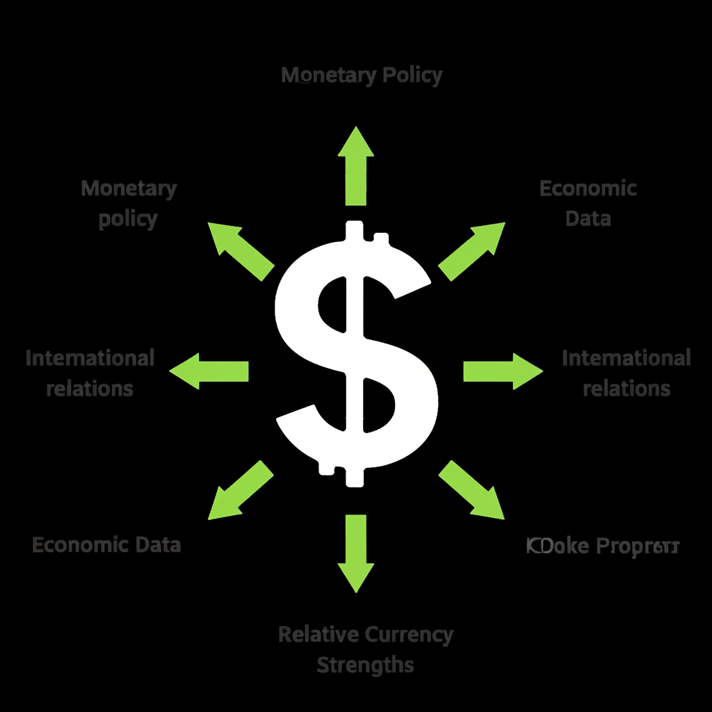 美元匯率影響因素圖示,美元符號為中心,多箭頭指向貨幣政策、經濟數據、國際關係及相對貨幣強弱