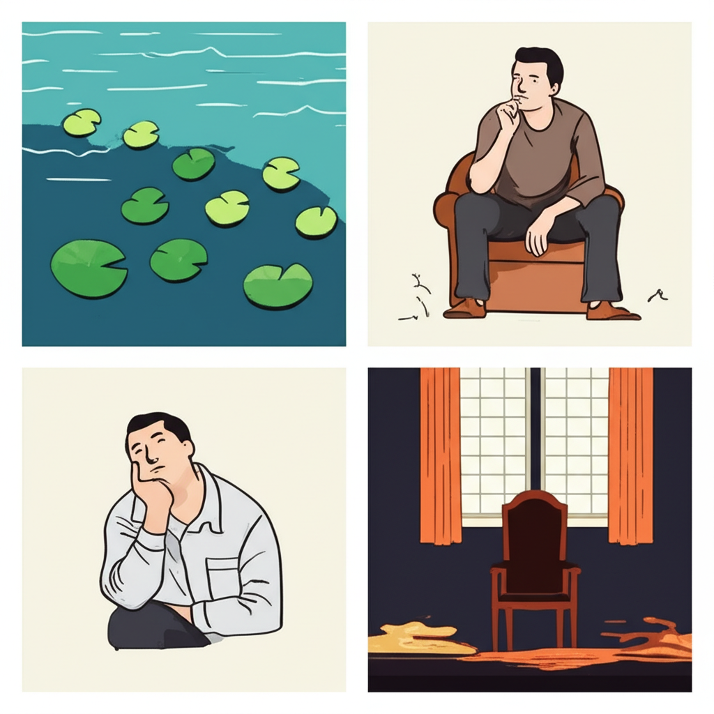 illustration showing various scenes like a still pond a stuffy room a slow moving graph and a person looking thoughtful representing diverse applications of stagnant