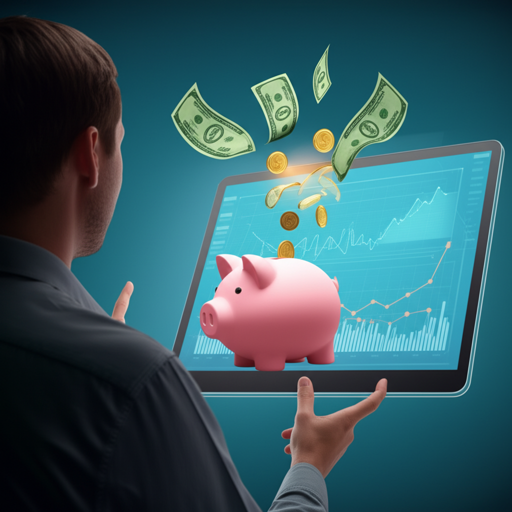投資人查看貨幣市場基金的數位圖表,伴隨著存錢罐和流動現金,象徵短期投資的流動性和穩定收益