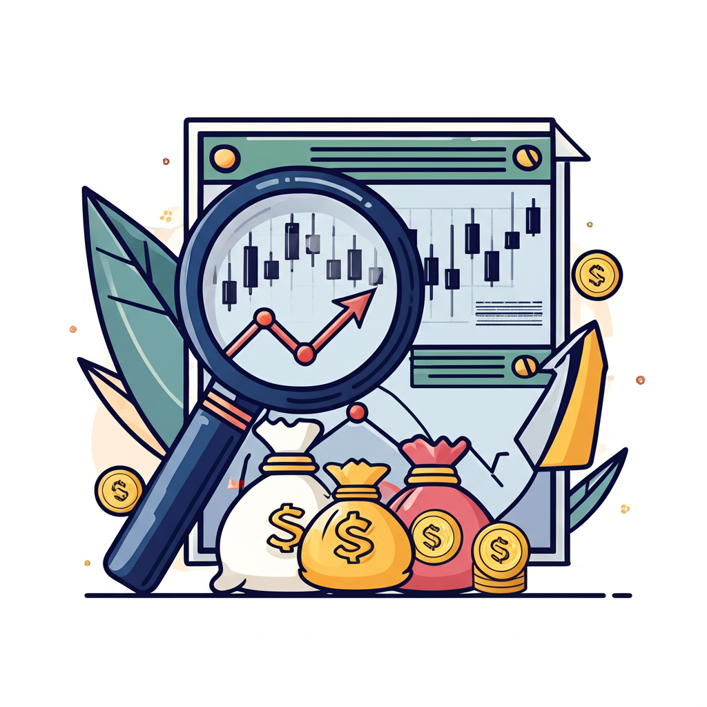 投資人透過放大鏡檢視股票圖表,象徵殖利率計算的財務概念