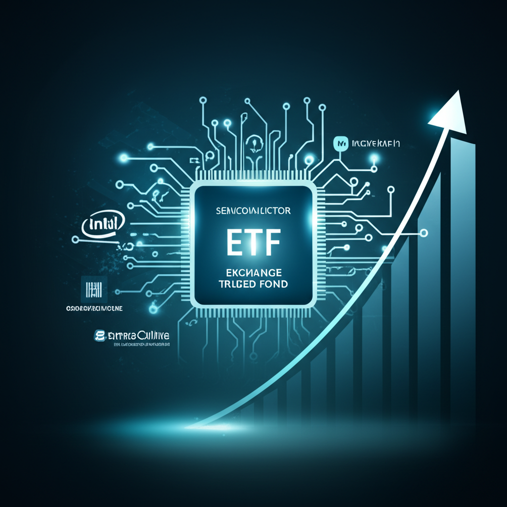 半導體公司標誌匯聚成ETF投資組合,背景成長圖表象徵多元化與潛力