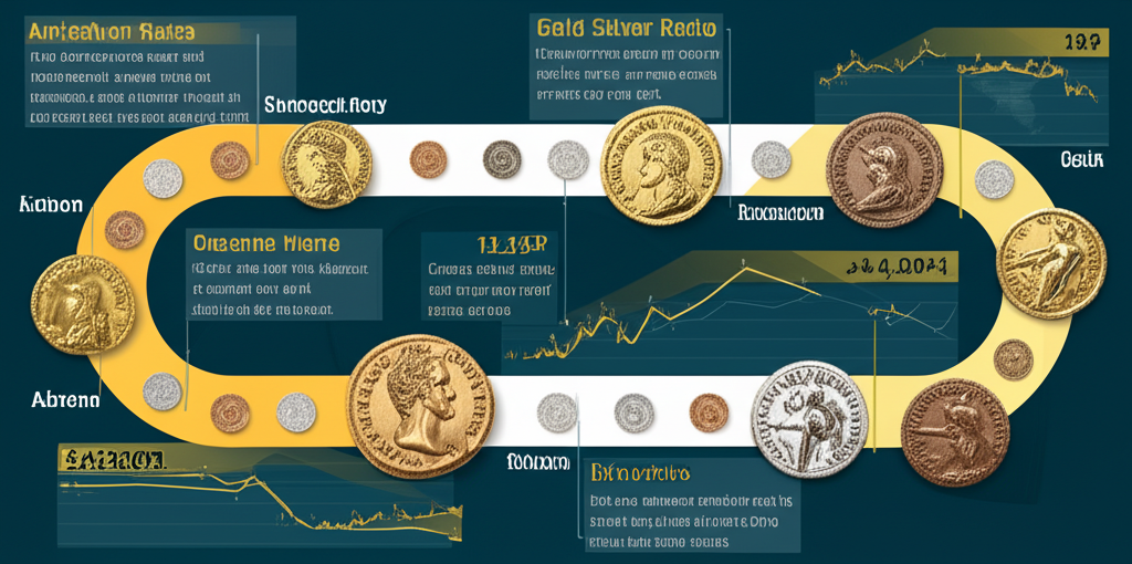 An illustration of a winding historical timeline with ancient Roman coins and modern digital charts showing fluctuating gold silver ratio values marked with key global economic events like recessions and market booms