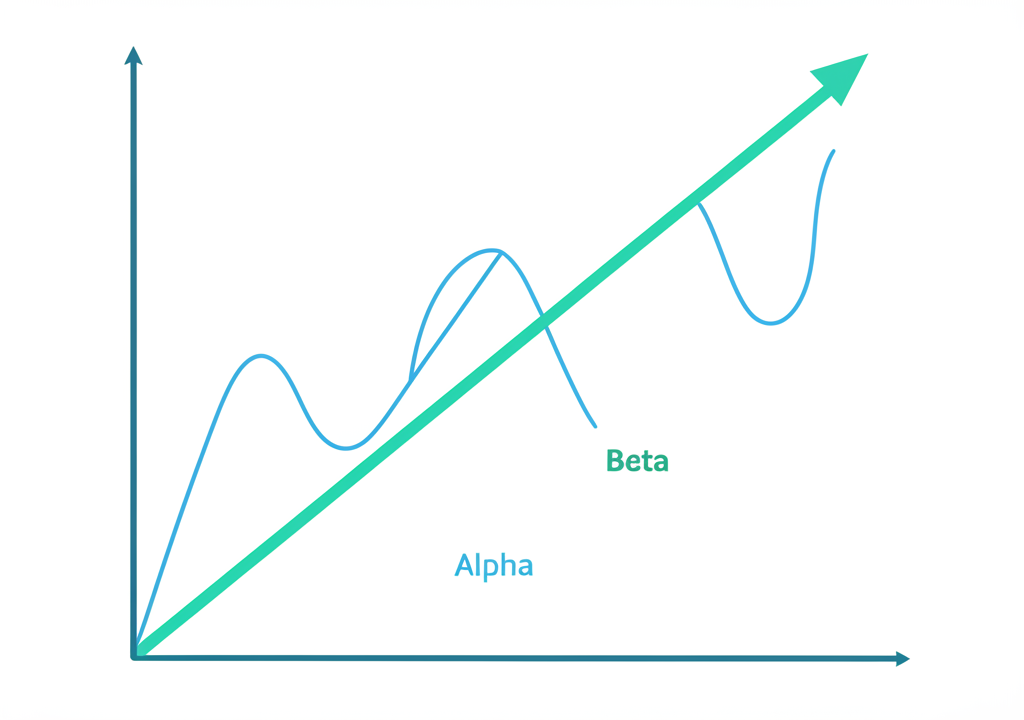 Alpha與Beta值對比插圖,顯示主動管理技能的穩定上升趨勢對比市場敏感度的波動波浪