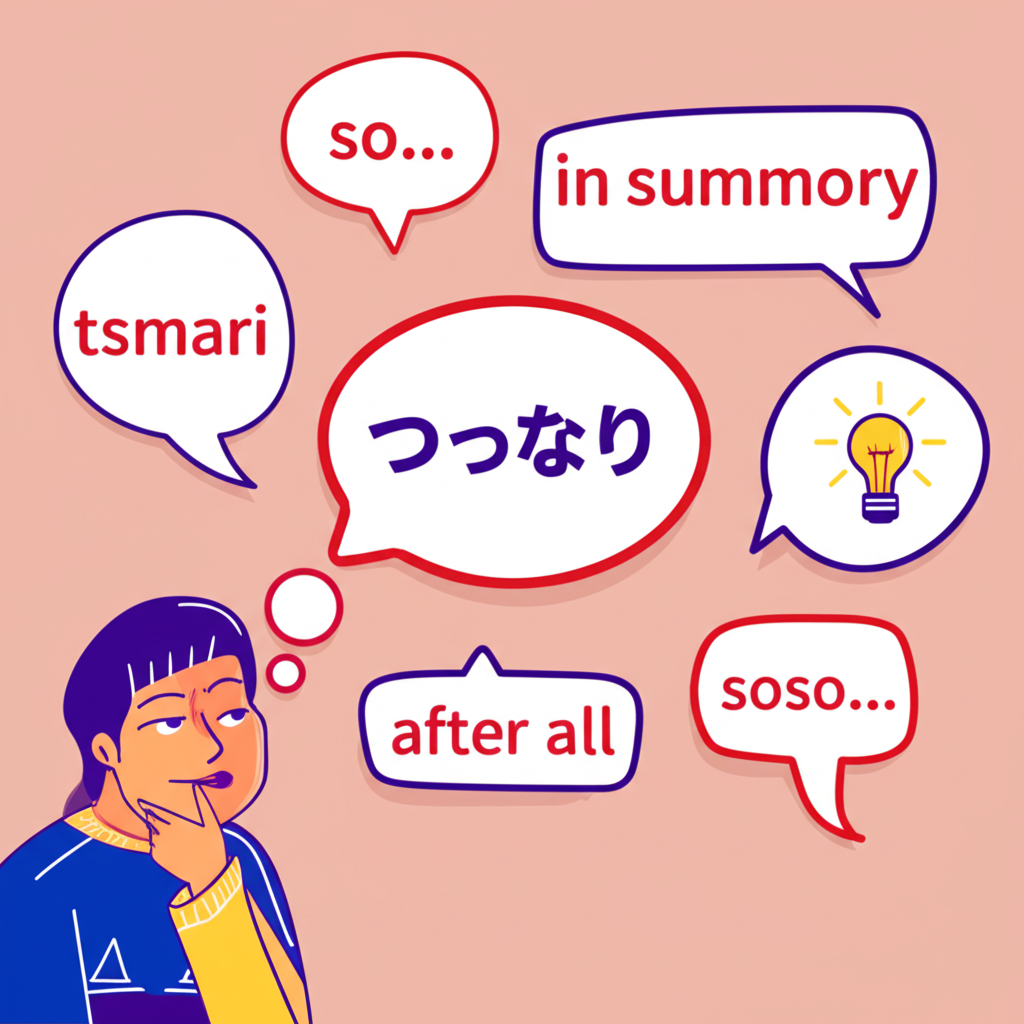 日語學習者周圍環繞著顯示つまり不同含義的語音泡泡,呈現複雜詞彙的多面性