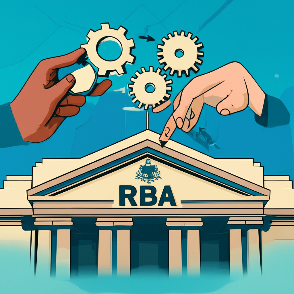 澳洲儲備銀行建築圖示,帶 RBA 標誌與齒輪,調整現金利率撥盤導致資金流動變化,象徵貨幣政策對澳幣價值的衝擊