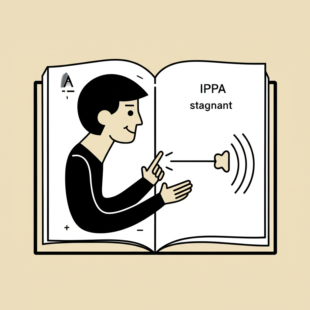 illustration of a person studying with an open book showing IPA symbols for stagnant and sound waves emanating from a mouth icon symbolizing pronunciation practice