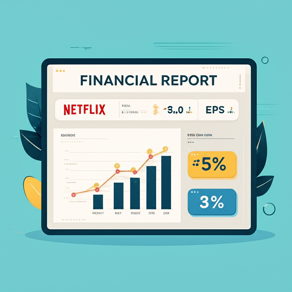Netflix 財務報告圖示,展示營收、淨利、EPS 和自由現金流數據,伴隨成長與盈利圖表