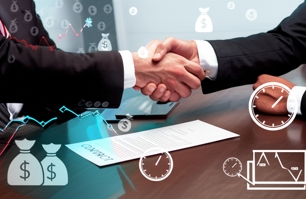 掉期交易雙方握手協議的示意圖,周圍環繞財務圖表、金錢袋與時鐘,象徵未來支付的雙邊協議