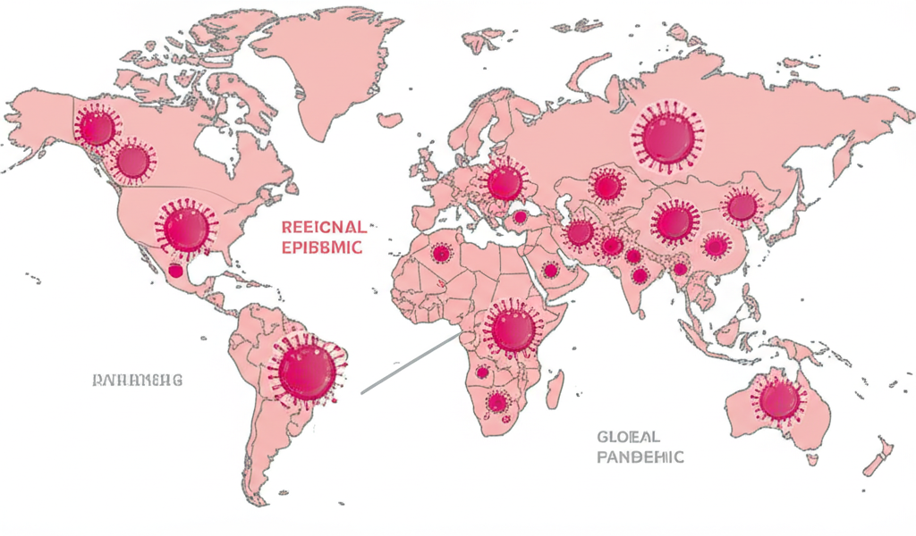 地圖上三個不同區域:小型地方性流行區、中型區域流行區及全球大流行區,各以不同顏色病毒標示