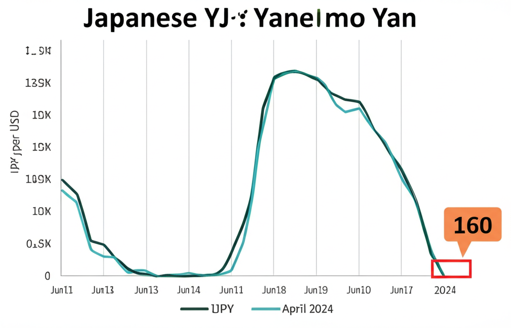 時間軸顯示30年日圓匯率走勢,標註2024年4月160日圓兌1美元的低點,強調日圓的歷史低廉