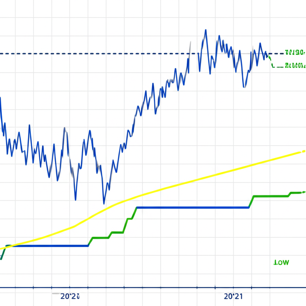 股票圖表顯示價格範圍與收盤價位置,領先指標線走在價格前方