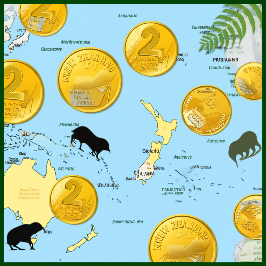 紐西蘭元貨幣概念插圖，包含硬幣、紙幣與紐西蘭及太平洋島嶼地圖元素