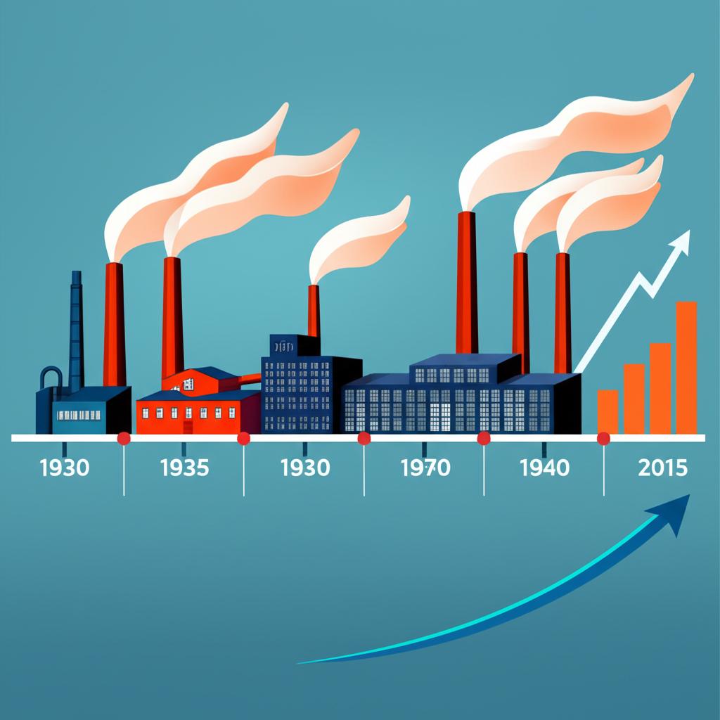 從1930年代時間線的插圖,背景有工廠演變成現代經濟圖表,象徵PMI的歷史起源和領先指標角色