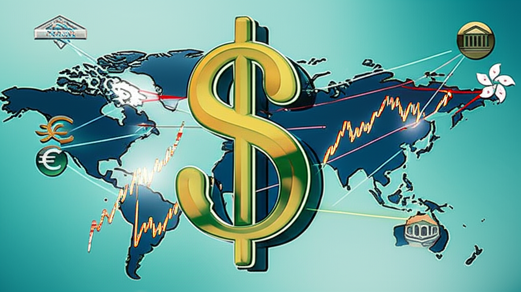 全球金融市場波動圖示,美元符號置中,周圍環繞央行、地緣政治地圖及台灣香港投資者關注元素
