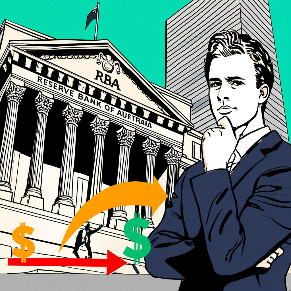 澳洲央行建築前,西裝人士謹慎觀望,遠處聯準會大樓積極升息,資金從澳幣流向美元