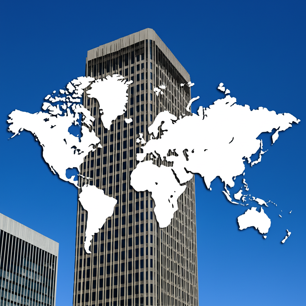 舊金山富國銀行大樓疊加世界地圖,象徵其全球影響力和金融實力