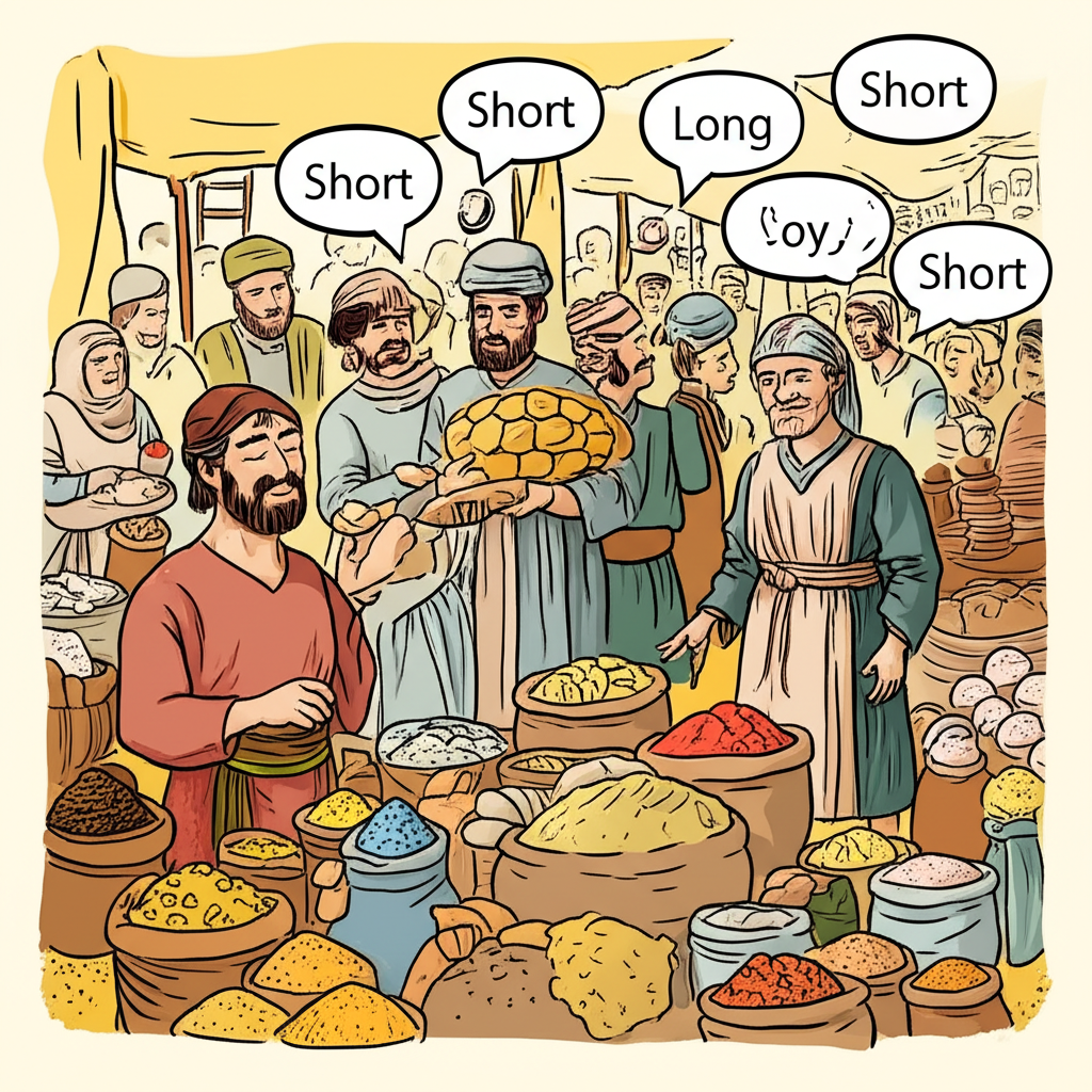 早期商品交易者買賣商品的圖示,思想泡泡顯示價格上漲買多與下跌放空,象徵市場術語的起源