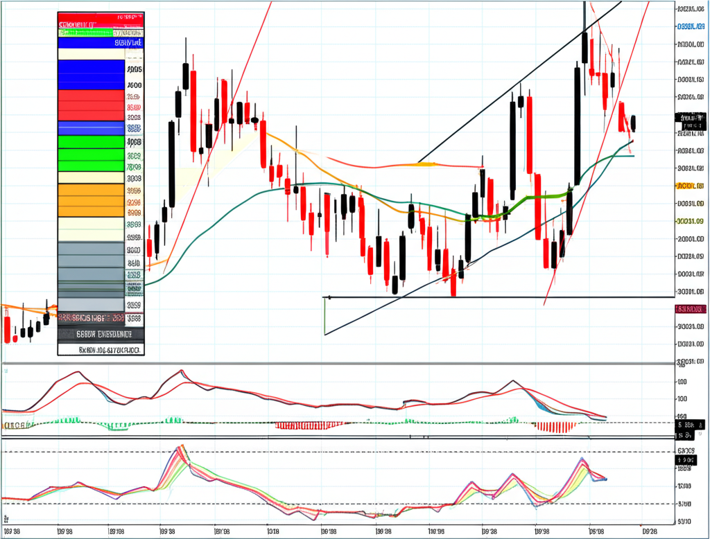 技術指標如KDJ、MACD、RSI環繞中央圖表，顯示爆量長紅與長黑的不同量價模式