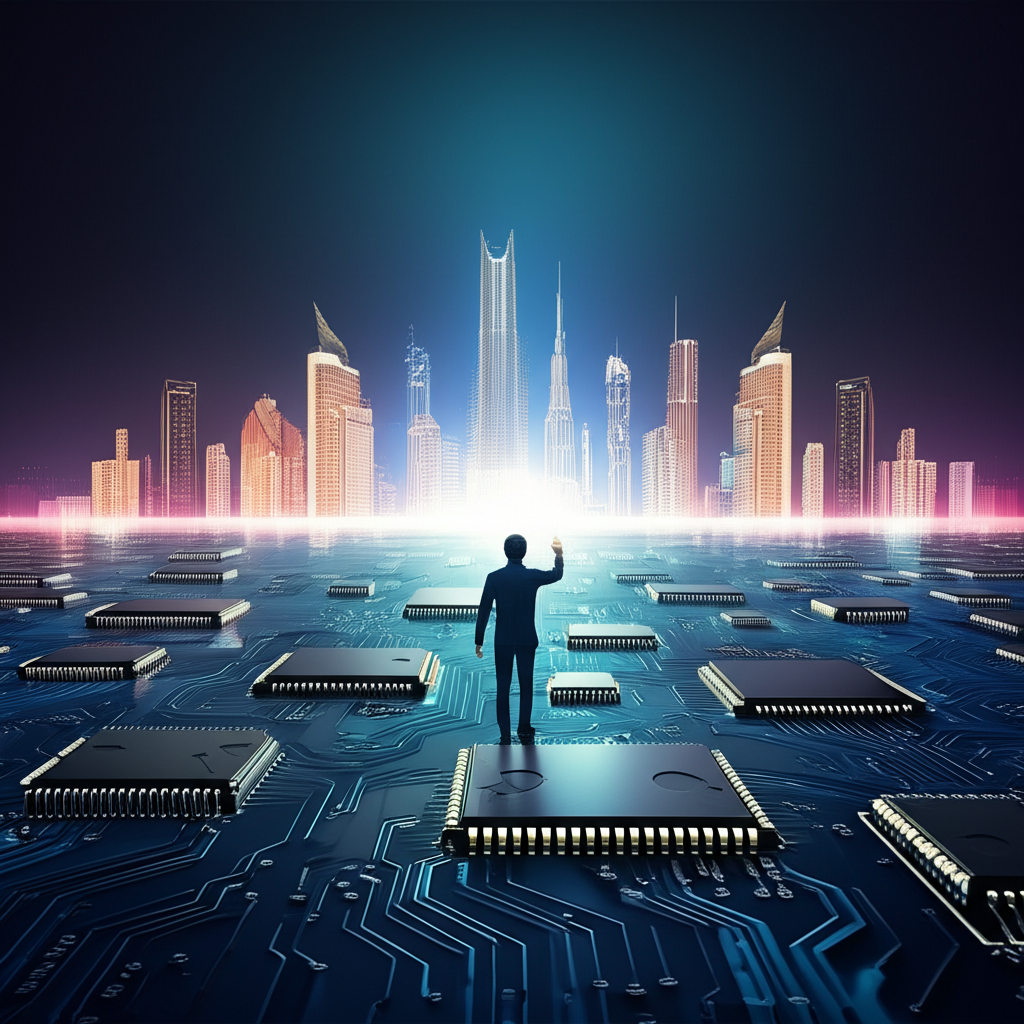 費城半導體指數ETF如領航之星,引領微晶片與電路板海洋,象徵全球半導體產業的未來導向