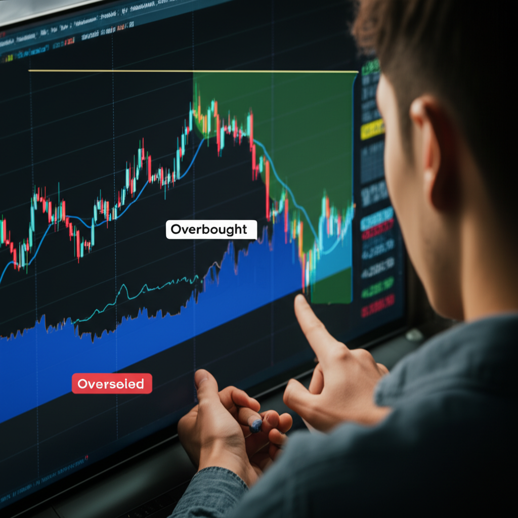 金融市場圖表顯示價格走勢與威廉指標疊加,標示超買超賣區域,一位分析師在研究圖表