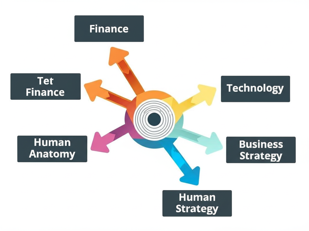 樞軸概念在金融、解剖學、科技與商業策略等多領域匯聚的中心轉動點插圖