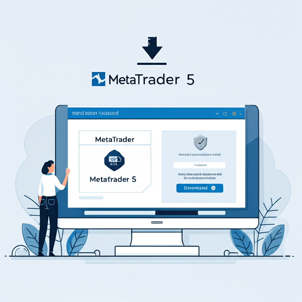 使用者在Windows電腦上下载並安裝MetaTrader 5的插圖,包含下載按鈕、安裝精靈和進度條,傳達安全可靠感