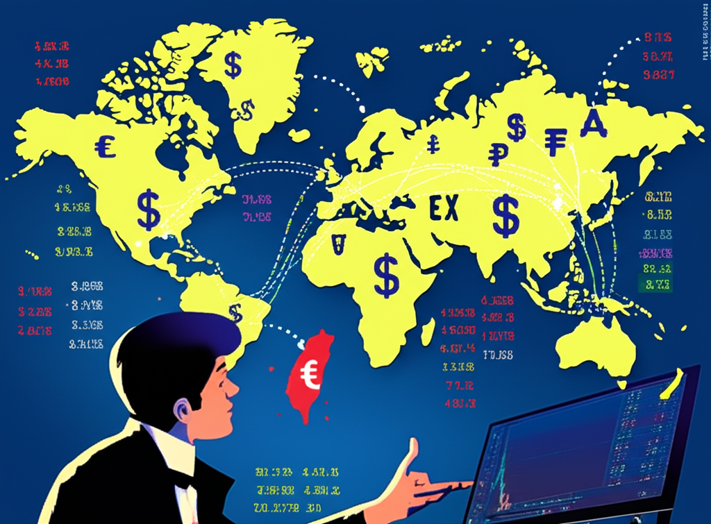 世界地圖上貨幣符號在各大洲間流動,象徵24小時外匯市場運作,焦點在台灣,一位人士注視螢幕上的圖表與金錢符號