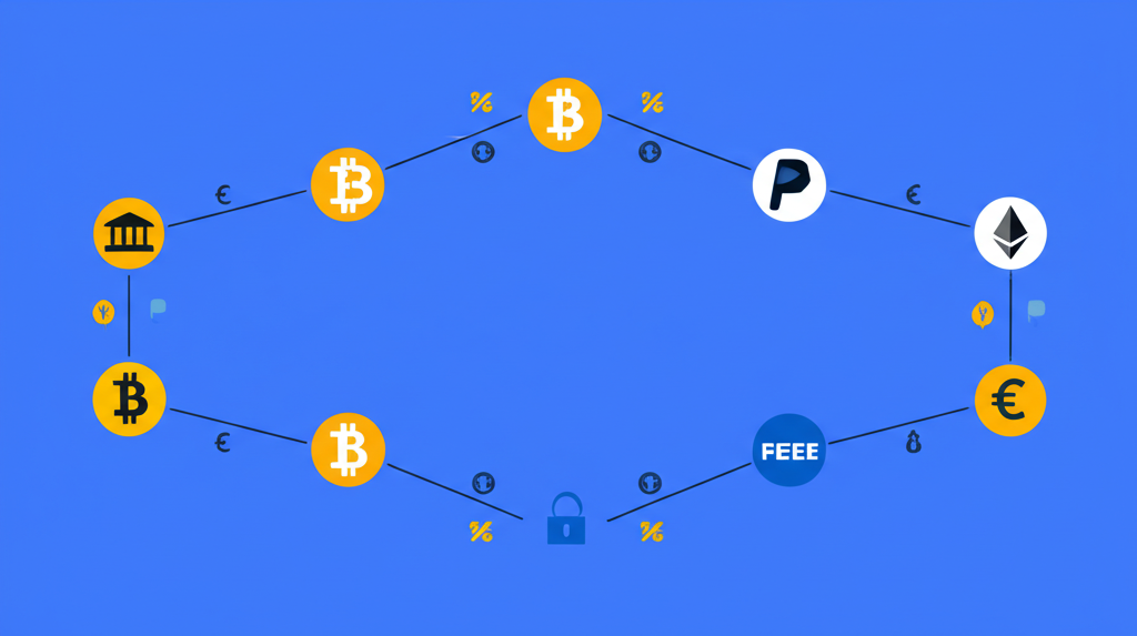 資金在銀行、加密網路和平台間轉移,伴隨處理、安全與貨幣兌換費用的圖示