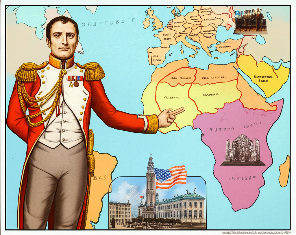 拿破崙三世強調拉丁美洲與歐洲羅曼語系國家文化連結的插圖,對比盎格魯-撒克遜影響,以及殖民歷史如何塑造現代政治與社會