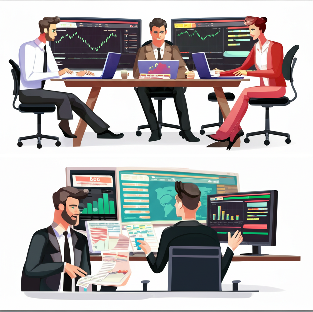 An illustration depicting a traders busy day from an early morning meeting with colleagues analyzing global news to intensely monitoring multiple screens during trading hours and finally reviewing performance post market close