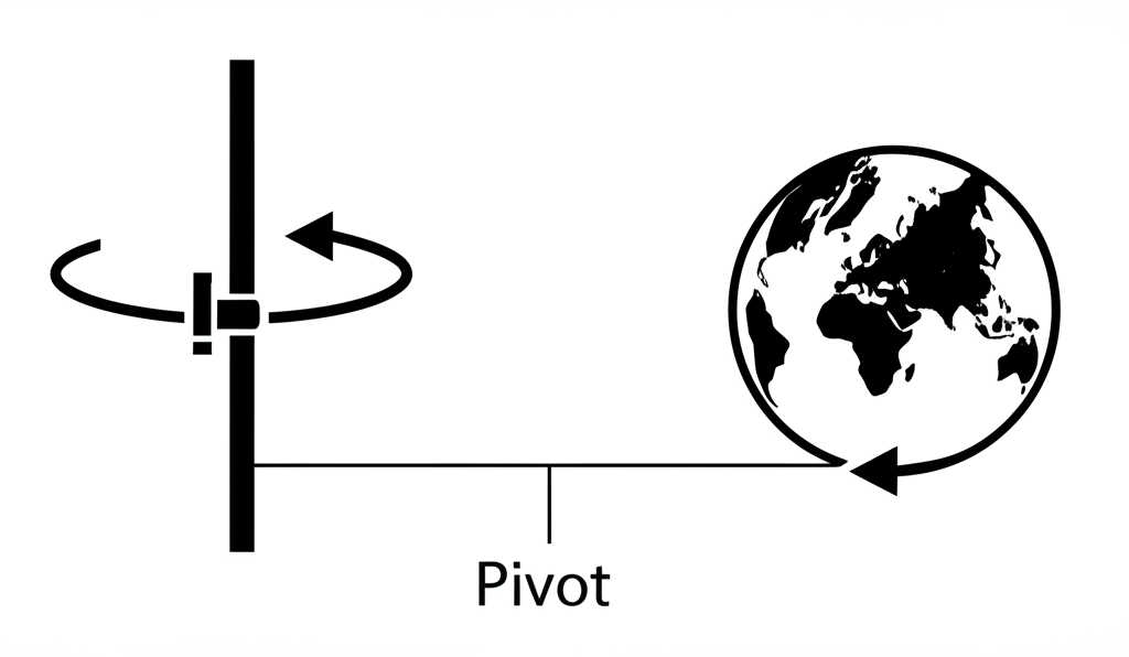 門扉圍繞樞軸轉動與地球自轉軸的簡化資訊圖，象徵樞軸作為旋轉中心與關鍵元素的通用定義